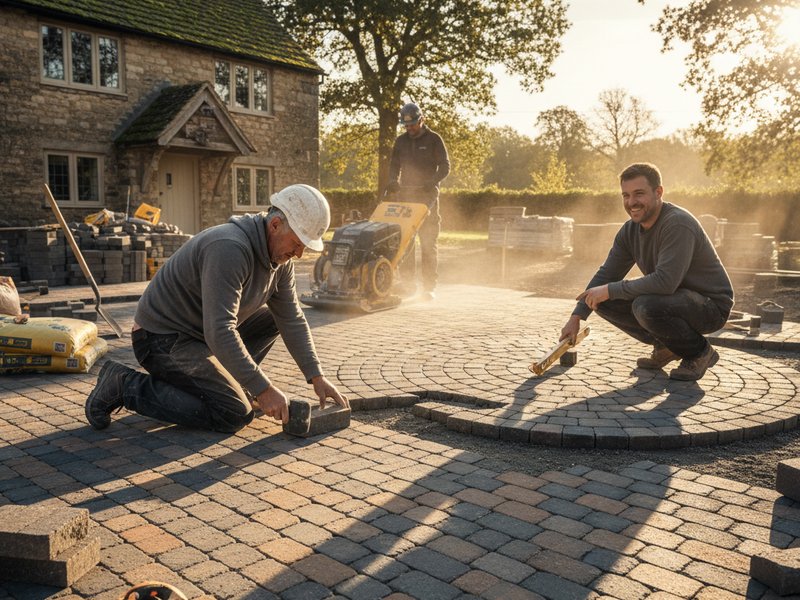 Команда СтройПрест Брусчатка укладывает премиальную брусчатку на территории коттеджа, профессиональный кадр.