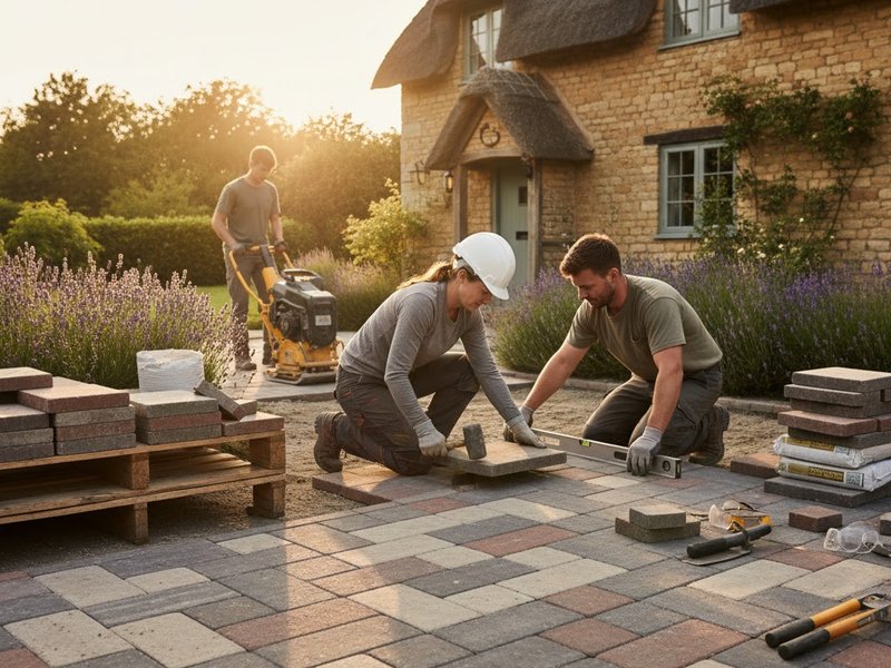 Команда СтройПрест Брусчатка укладывает премиальную брусчатку на территории коттеджа, профессиональная съемка.